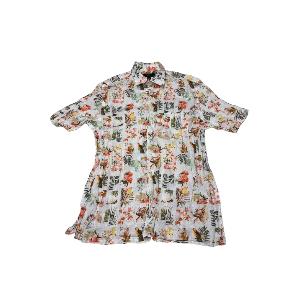 Club Room Luxury Mens Medium 100% Linen Tropical Bird Floral Button Up Shirt